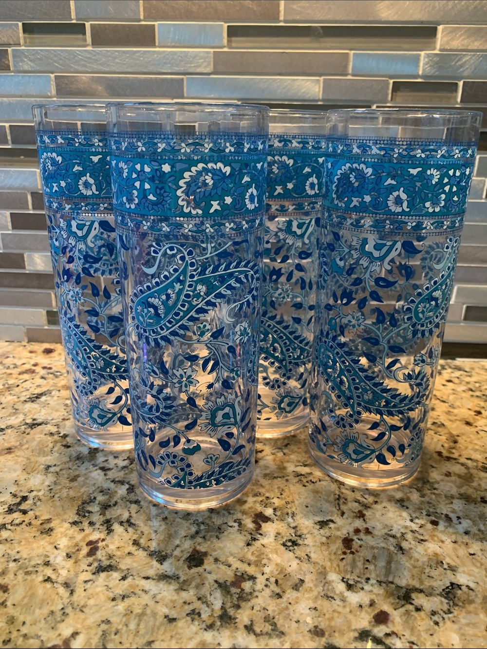 Pier 1 Blue Paisley Pattern Tall Glasses